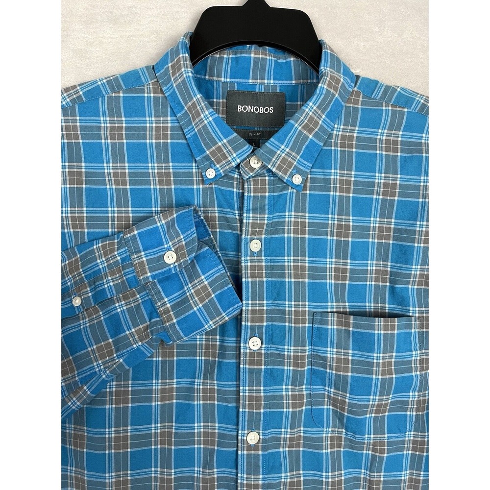 BONOBOS Shirt Men Large Plaid Blue Slim Fit Everyday Oxford Cotton Pocket Preppy